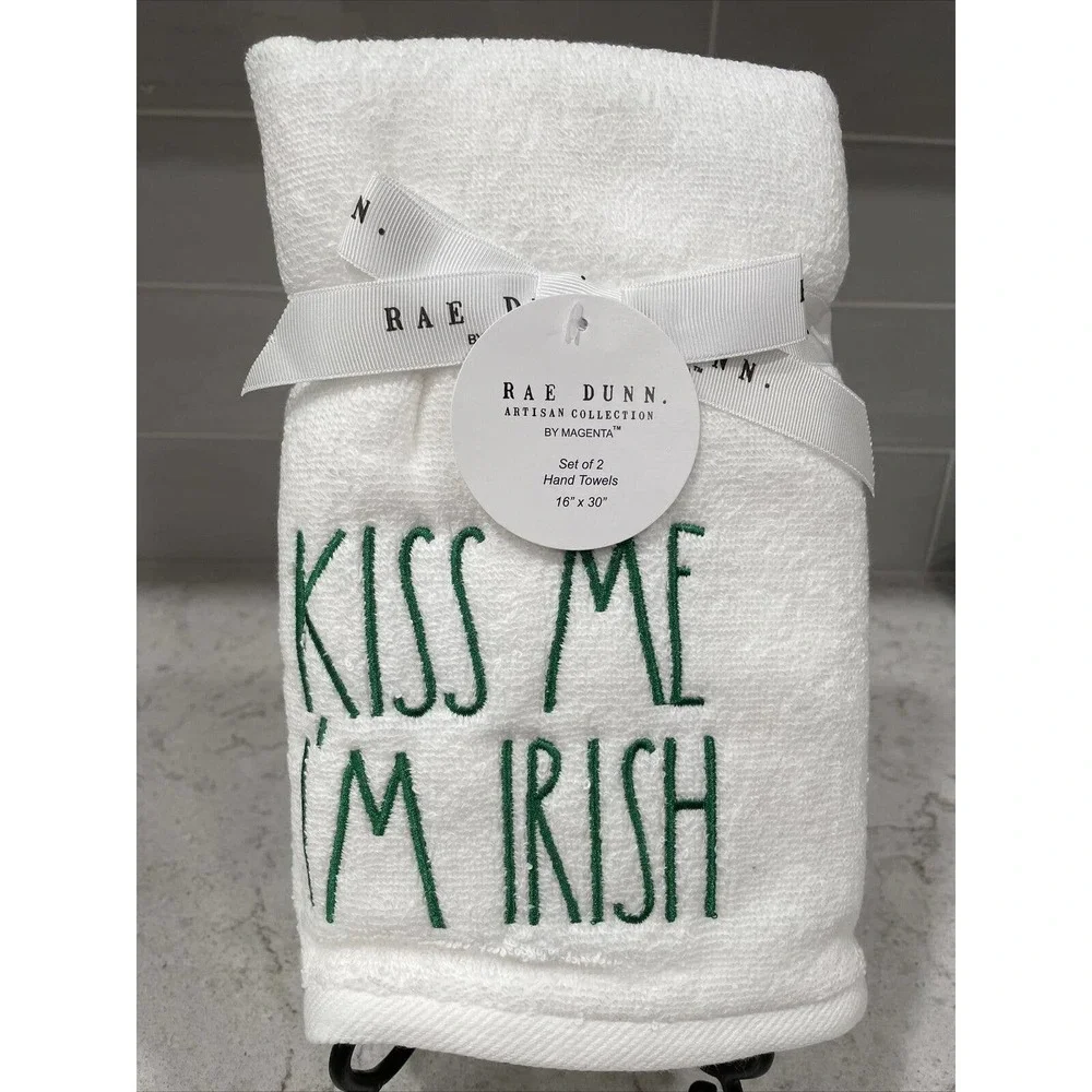 KISS ME I’M IRISH Set of 2 Rae Dunn St. Patricks Day Embroidered Hand Towels NEW